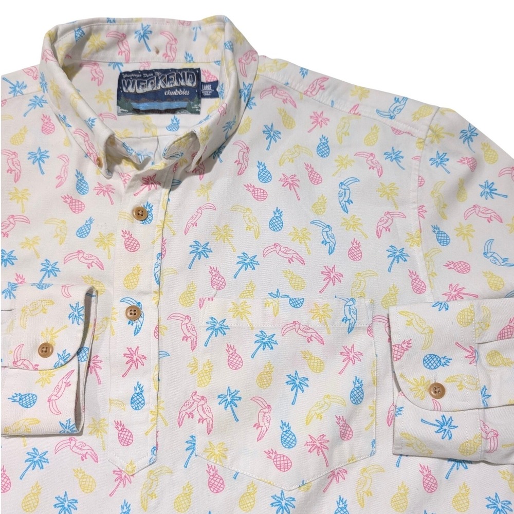 Chubbies Mens Tropical Toucan Pineapple Palm Tree Long Sleeve Popover Shirt L